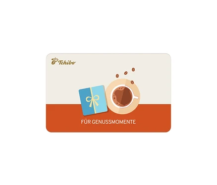 Digitale Geschenkkarte Für Genussmomente mit Tchibo Logo, Kaffeetasse, Kaffeebohnen und blauem Geschenkpaket auf beigem und orangefarbenem Hintergrund.