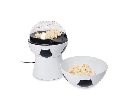 Popcornmaschine im Fussballdesign mit Schüssel voller Popcorn.