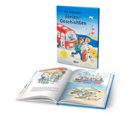 Illustration eines Buches mit dem Titel "Die schönsten Feriengeschichten".