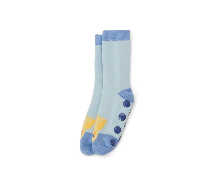 Hellblaue Kinder-Antirutsch-Socken, 2 Paar, mit Tiermotiv und Antirutsch-Noppen.
