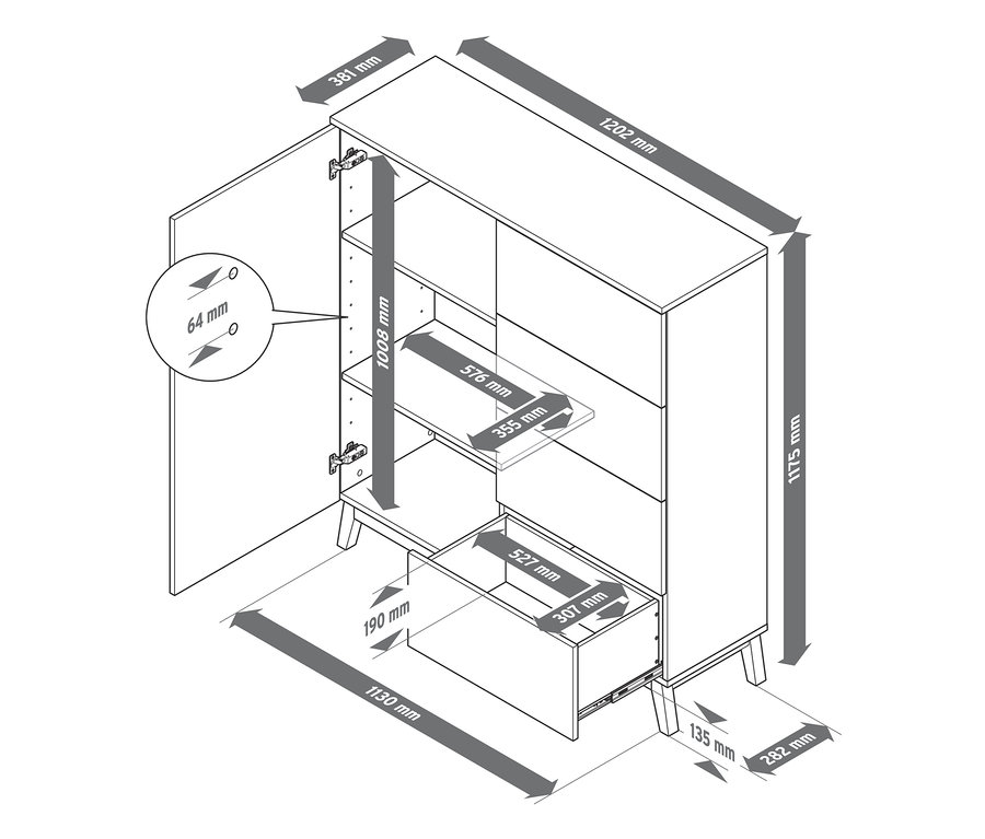 Abmessungen der Kommode.