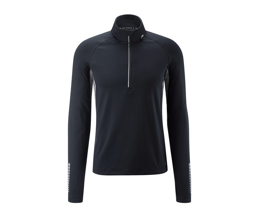 Schwarzes Thermo-Laufshirt mit langen Ärmeln und Reißverschluss am Hals.