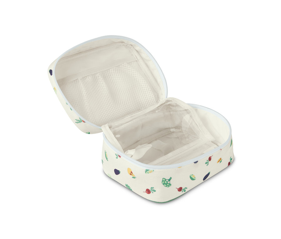 Geöffnete Medikamententasche mit Kindersicherung und Gemüseaufdruck.