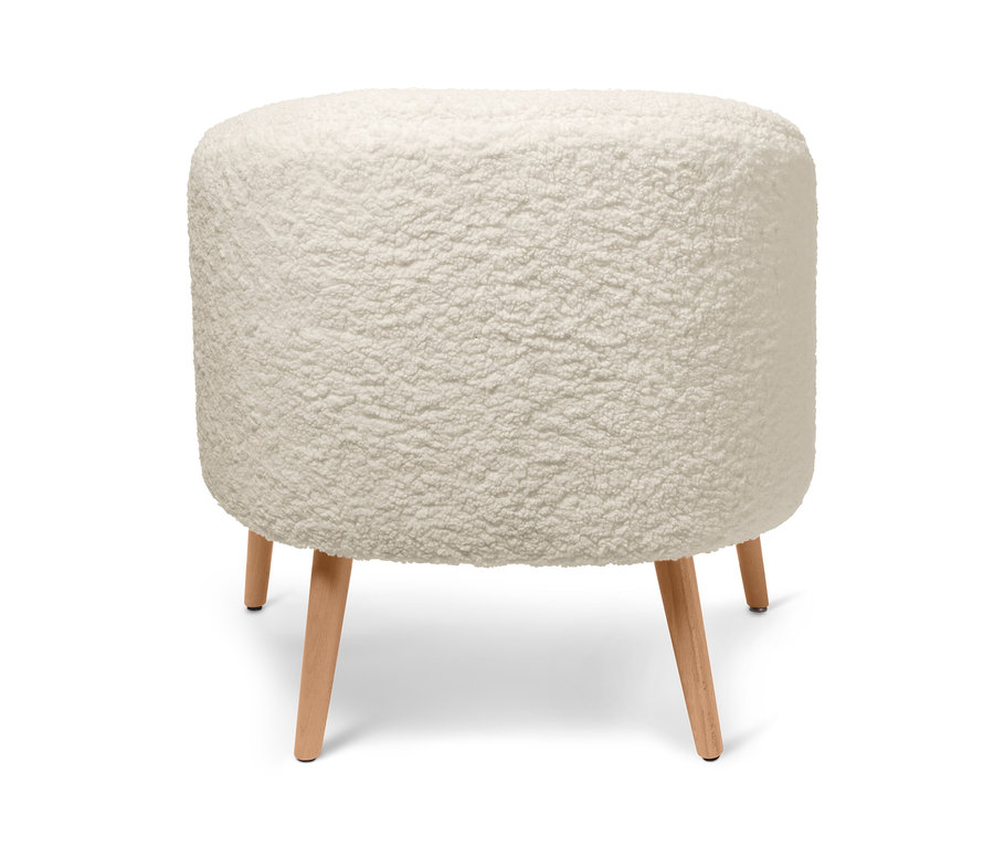 Teddy-Sessel/Bouclé-Sessel mit Holzbeinen.