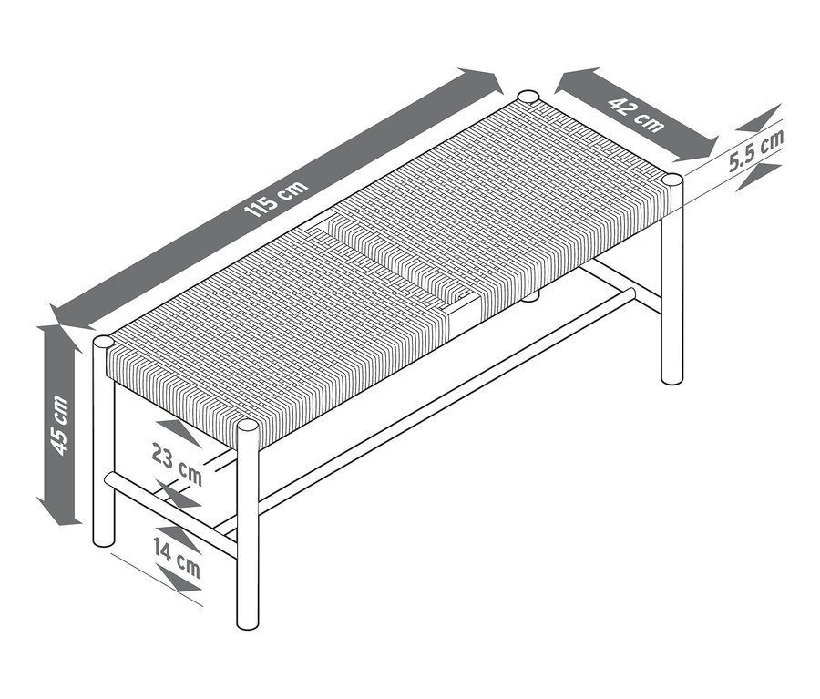 Illustration einer Sitzbank mit Geflecht mit Bemaßung.