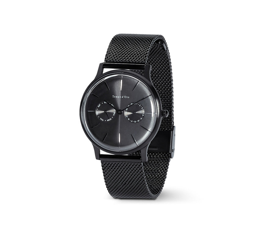 Schwarze Herrenuhr mit Tag und Datum.