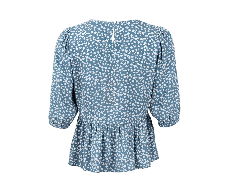 Bluse mit Schößchen, blau mit weißem Blumenmuster.