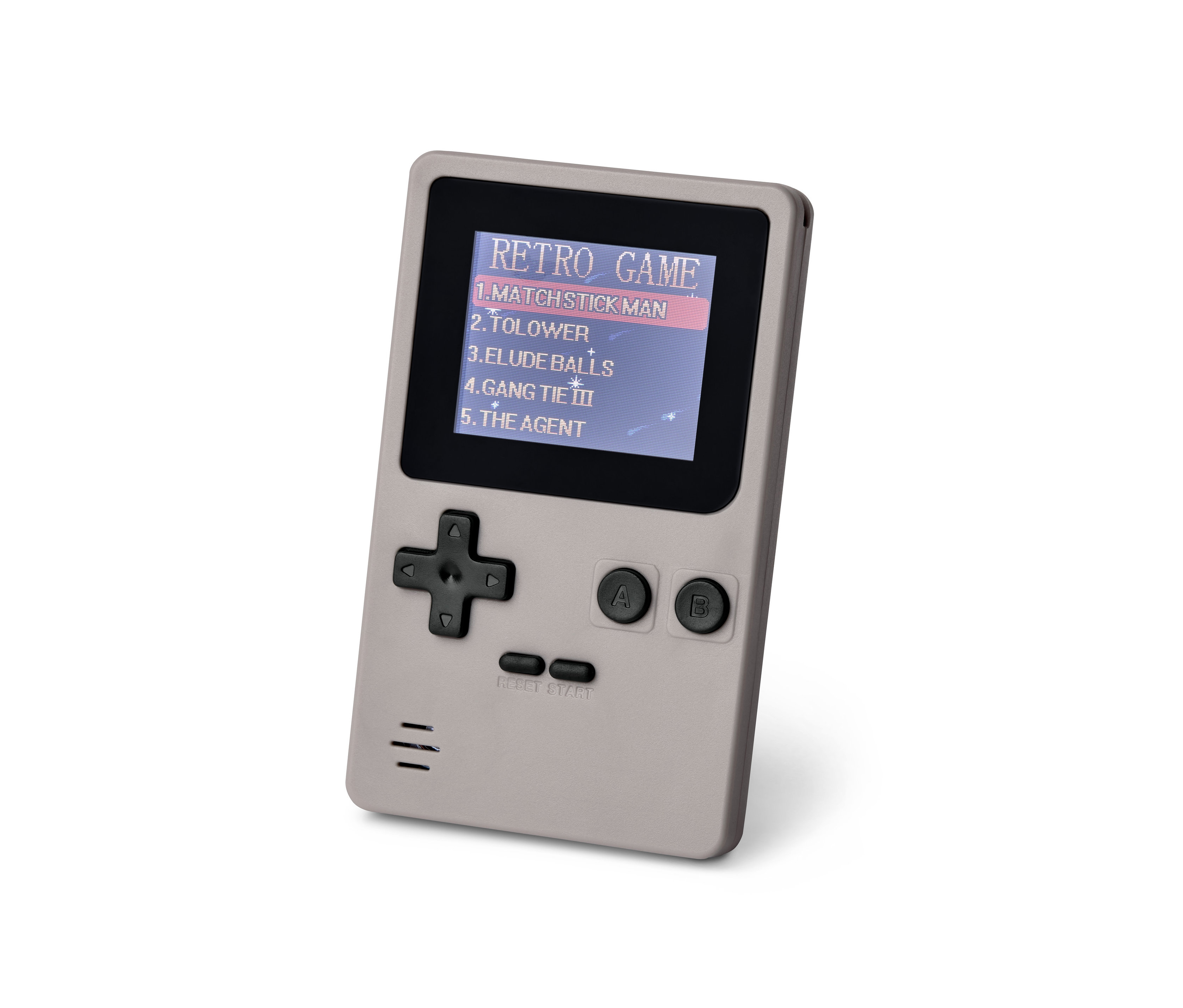 Nahaufnahme einer Retro-Mini-Spielekonsole, die ein Spielemenü anzeigt.