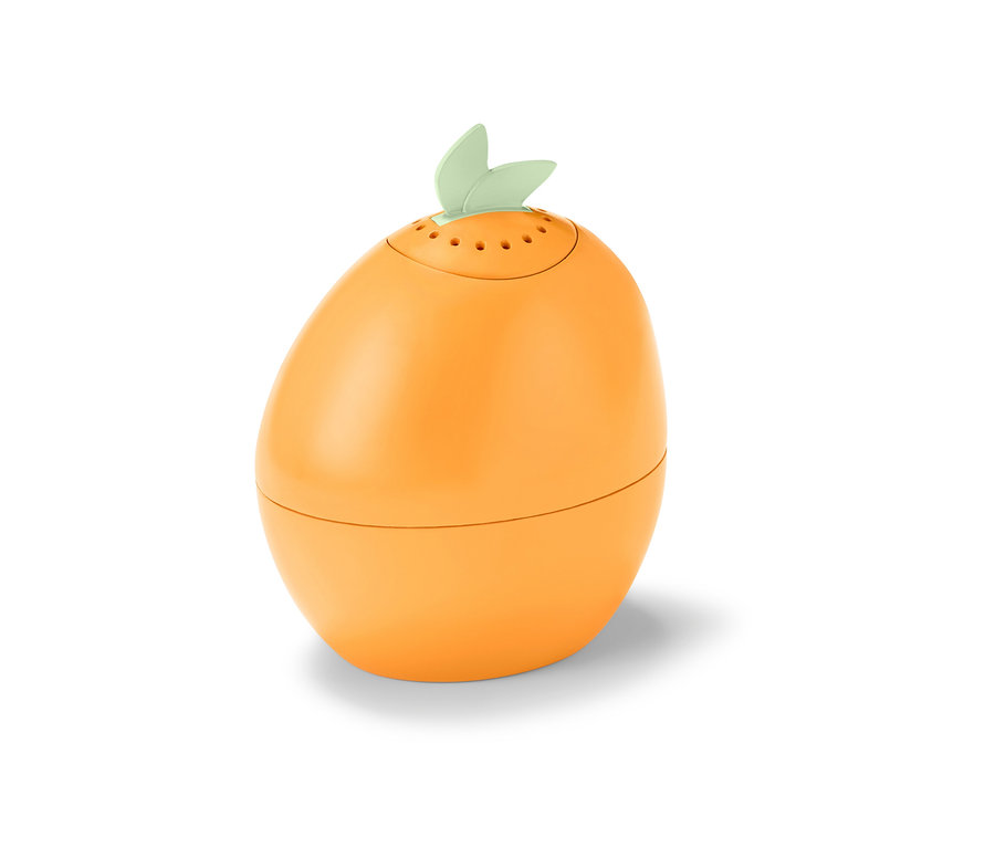 Ein orangefarbener Mikrowellenreiniger in Eiform mit Blättern oben.