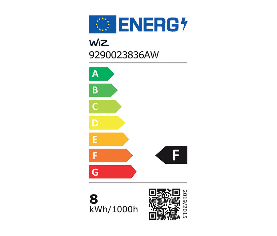 Energielabel mit den Klassen A bis G, Produkt WiZ 9290023836AW, Verbrauch 8 kWh/1000h.