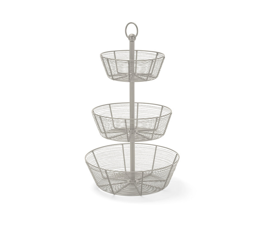 Eine silberne, dreistöckige Etagere mit Drahtkörben.