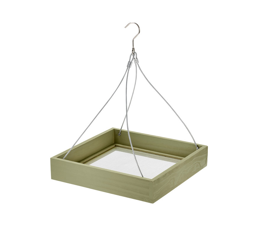 Grüne Vogelfutterstation mit silbernem Haken und Drähten.