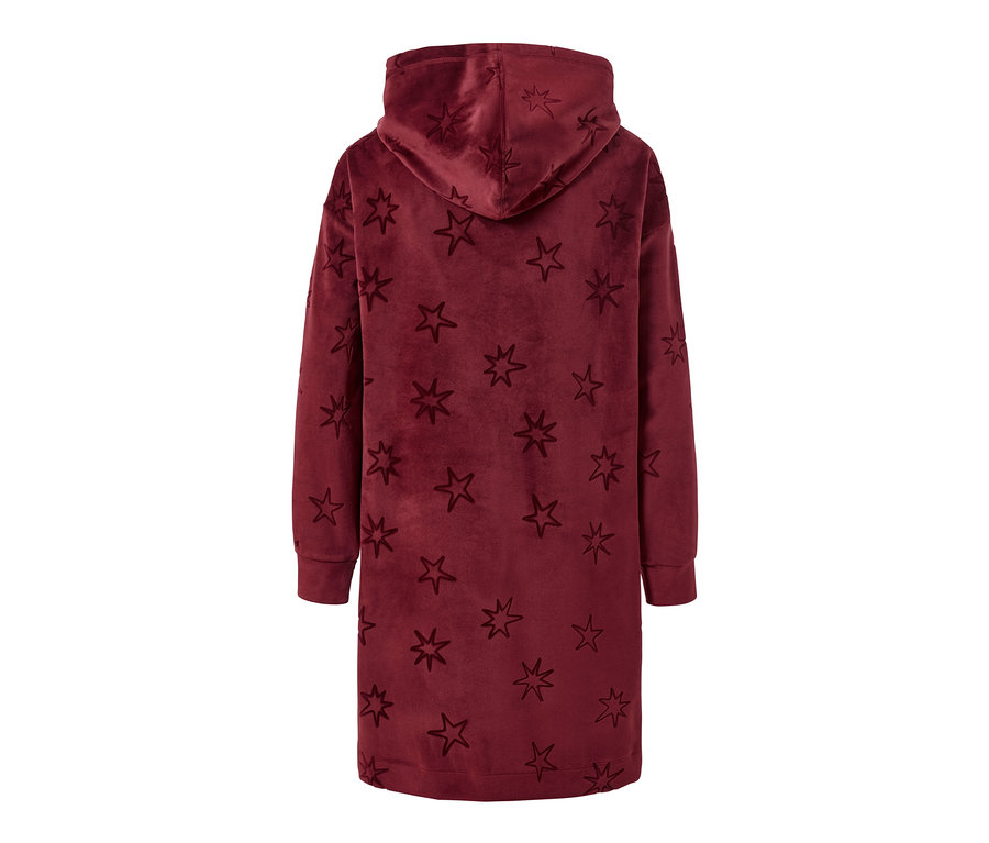 Weinrotes Nicki-Loungewear-Kleid, Sterne mit Kapuze und langen Ärmeln, von hinten.