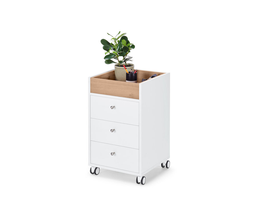 Weißer Rollcontainer mit Schubladen. Auf der Oberseite befinden sich eine Topfpflanze und ein Stiftehalter.