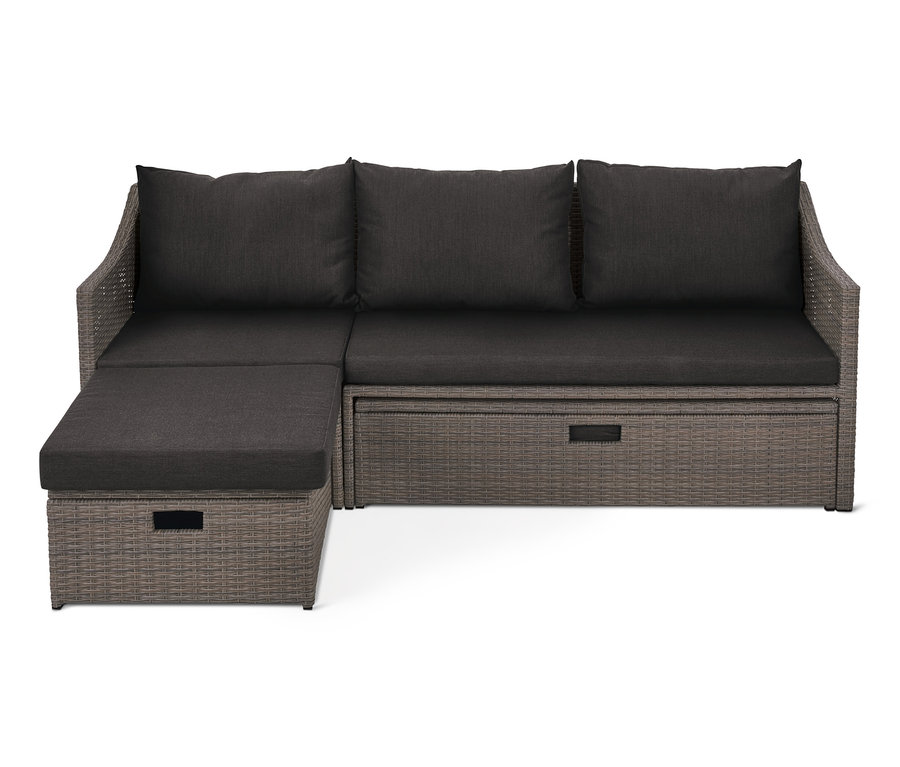 Graues Auszieh-Schlafsofa »Thore« mit Stauraum aus Polyrattan.
