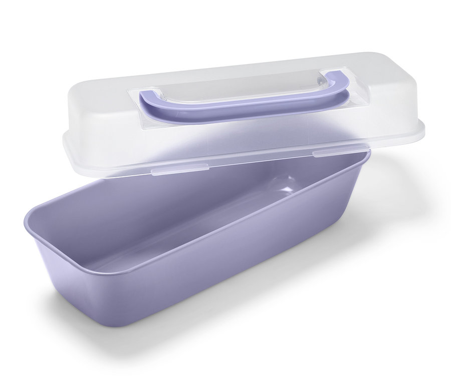 Eine lila Kastenform mit transparentem Deckel.