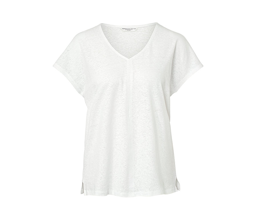 Ein cremeweißes Shirt mit Leinen und V-Ausschnitt.