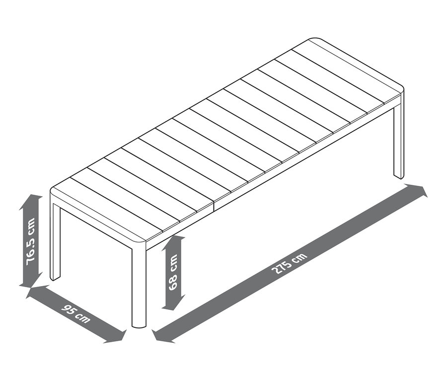 Illustration eines Ausziehtisches mit Polywood-Tischplatte und Abmessungen.