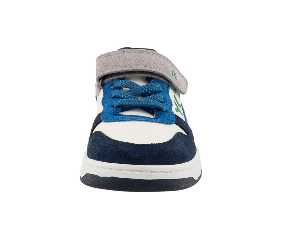 Nahaufnahme eines einzelnen blau-weißen Lurchi Sneaker »Gaio-S« mit Schnürsenkeln und einem grauen Klettverschlussriemen.