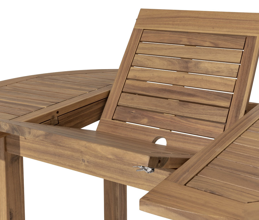 Detailansicht eines runden Ausziehtisches.