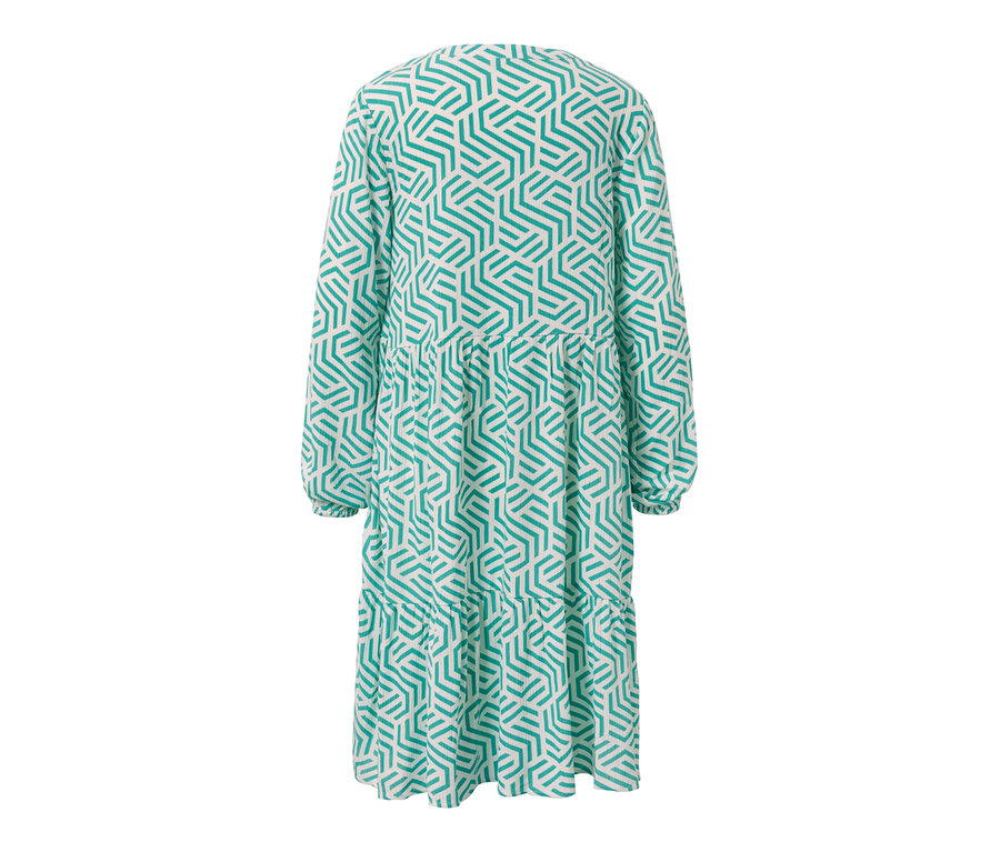 Detailansicht eines bedruckten Webkleids in Aqua.