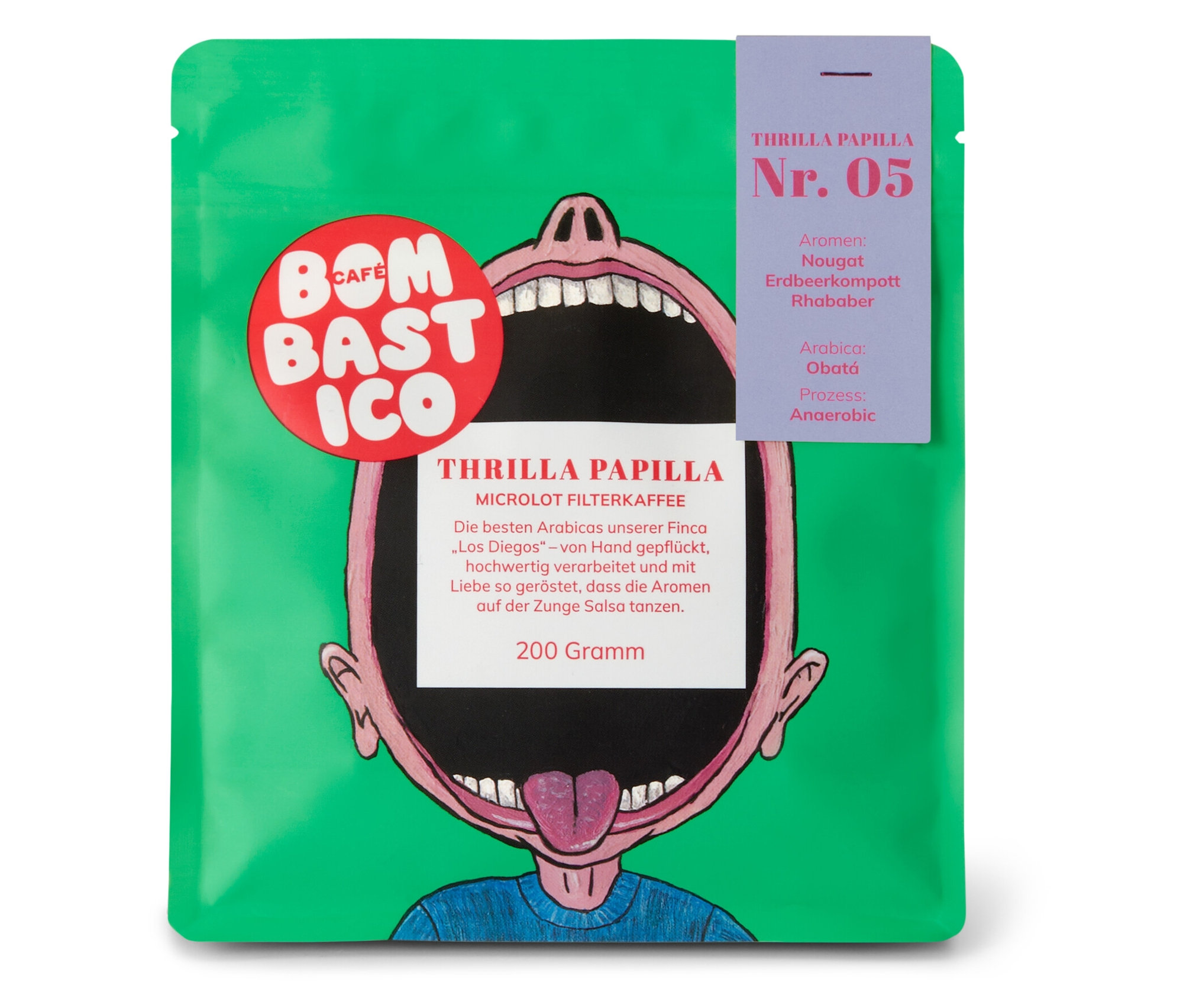 Grüne Packung Bombastico - Thrilla Papilla 05 Filterkaffee - 200 g ganze Bohne.