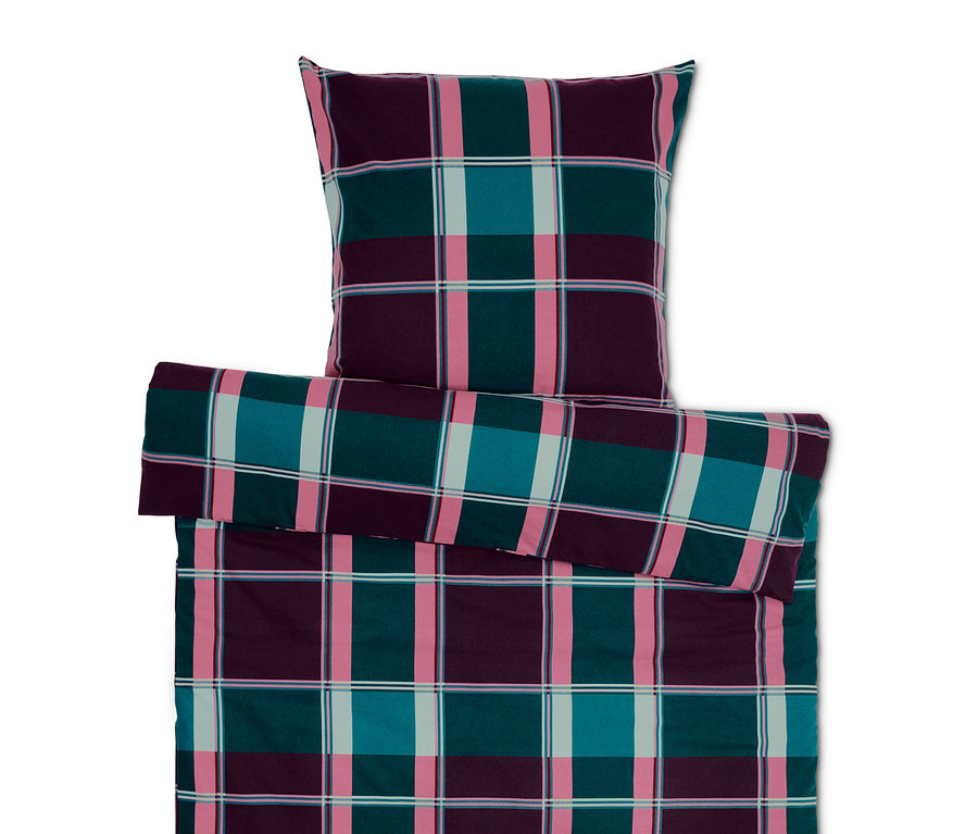 Bettwäsche-Set mit Karomuster in Lila-, Grün- und Rosatönen.