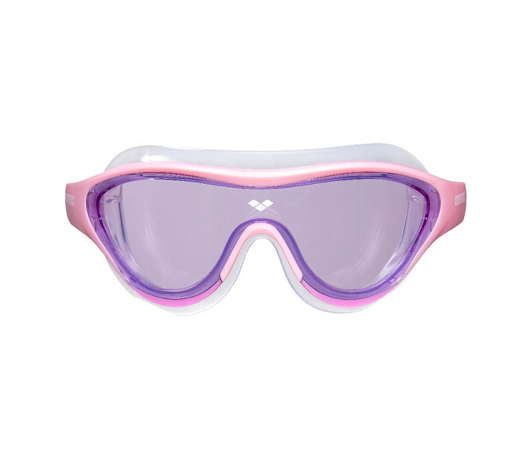 Nahaufnahme einer rosa arena Junior Kinder-Schwimmbrille The One Mask mit violetten Gläsern.