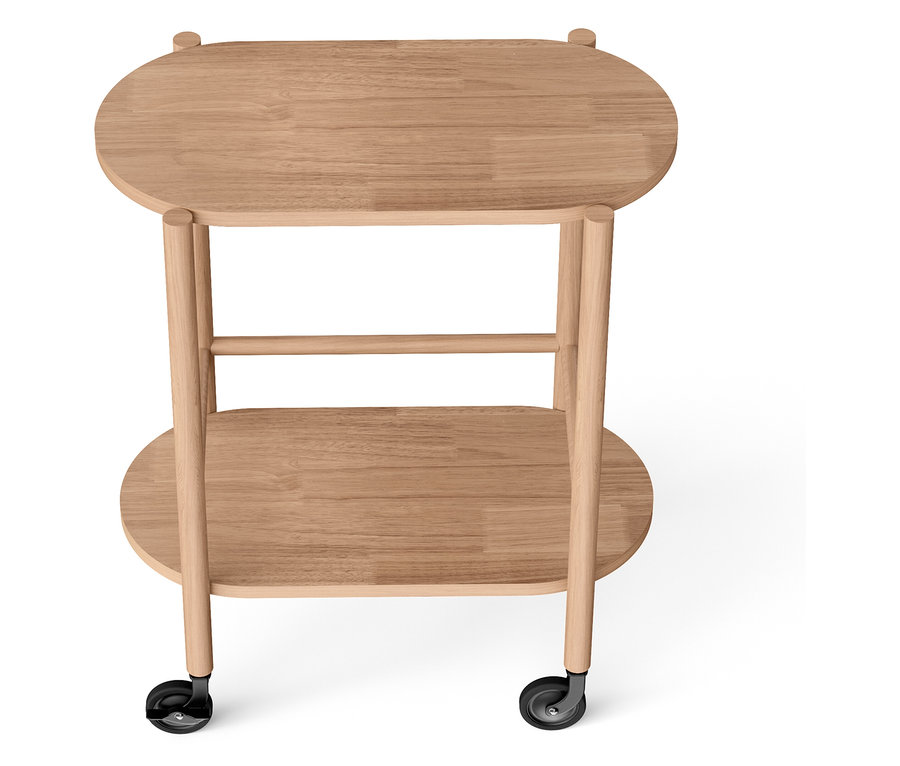 Servierwagen aus Holz mit zwei ovalen Platten und Rollen.