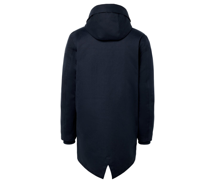 Rückansicht einer dunkelblauen Herrenjacke mit Kapuze.