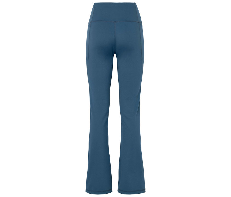 Blaue Damen-Bootcut-Hose mit hohem Bund.