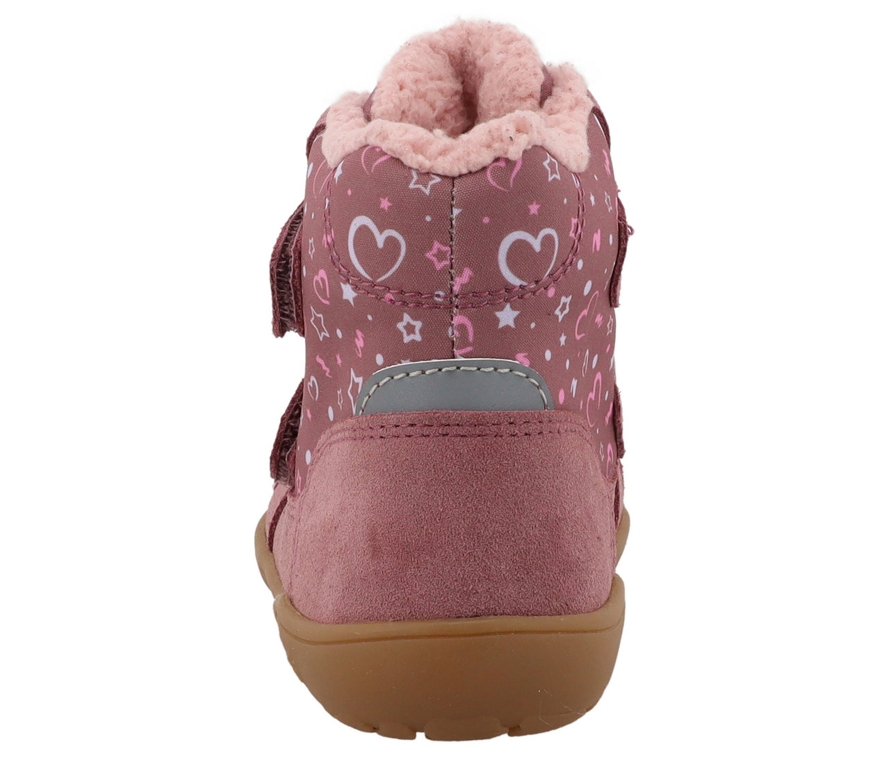 Rückansicht eines rosa LURCHI »Jilly Barefoot-TEX« Kinderstiefels mit Herz- und Sternmuster.