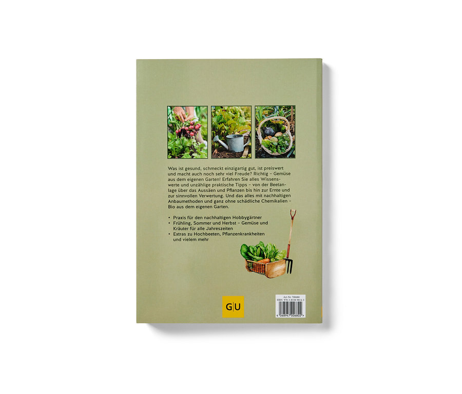 Rückseite des Buches »Dein eigenes Gemüse« mit Fotos vom Gemüseanbau.
