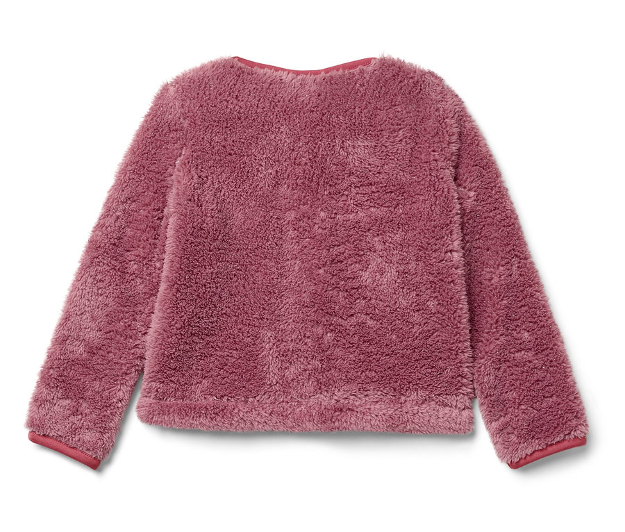Rosa, flauschiger Pullover mit langen Ärmeln und rotem Saum.