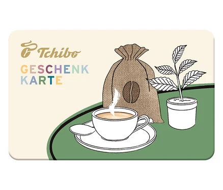 Illustration einer Geschenkkarte mit Kaffee, Kaffeebohne in einem Jutesack und Pflanze.