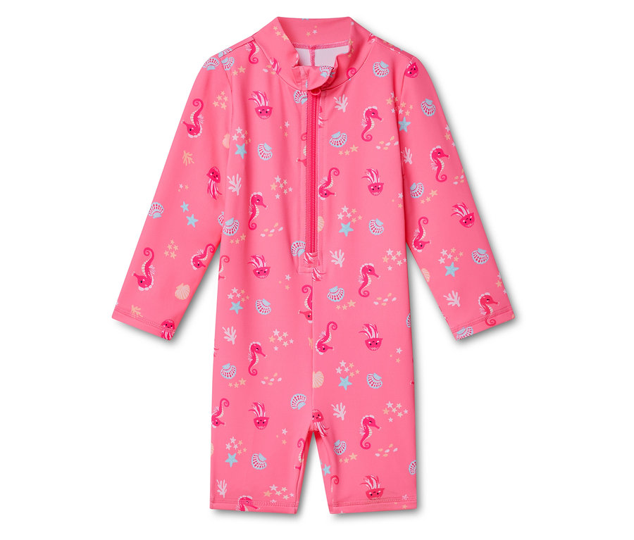 Pinker Baby-Einteiler mit UV-Schutzfaktor 50+, verziert mit Seepferdchen, Quallen, Muscheln und Sternen, mit Reißverschluss.