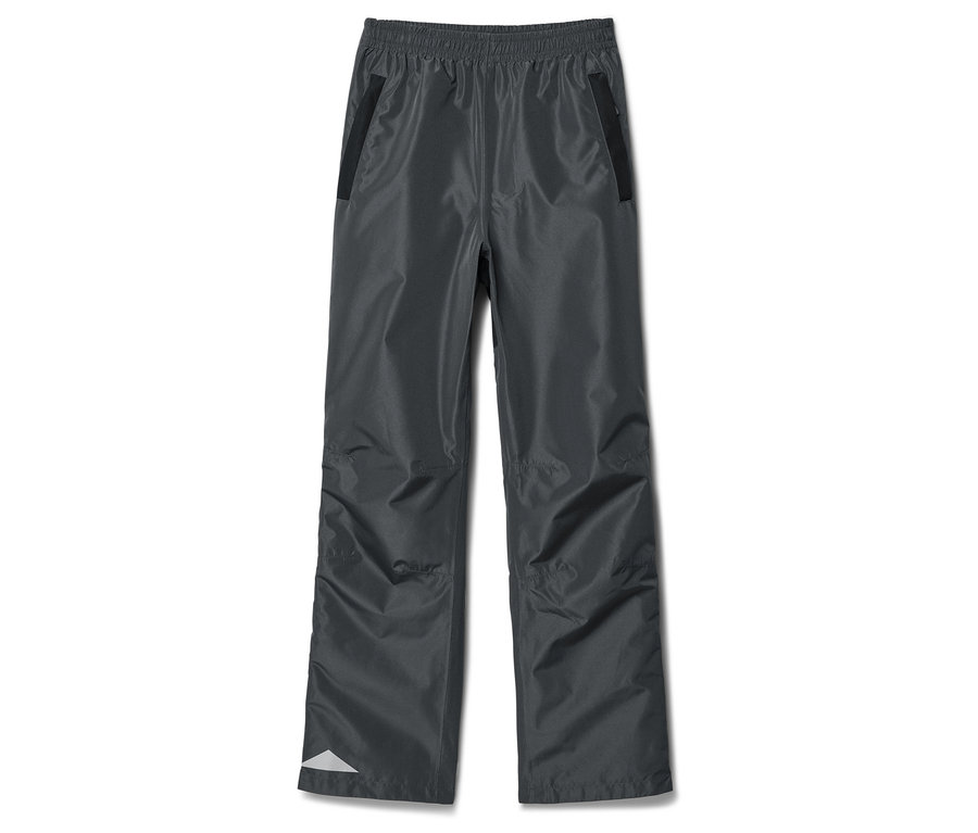 Graue Regenhose mit elastischem Bund und schwarzen Reißverschlusstaschen.