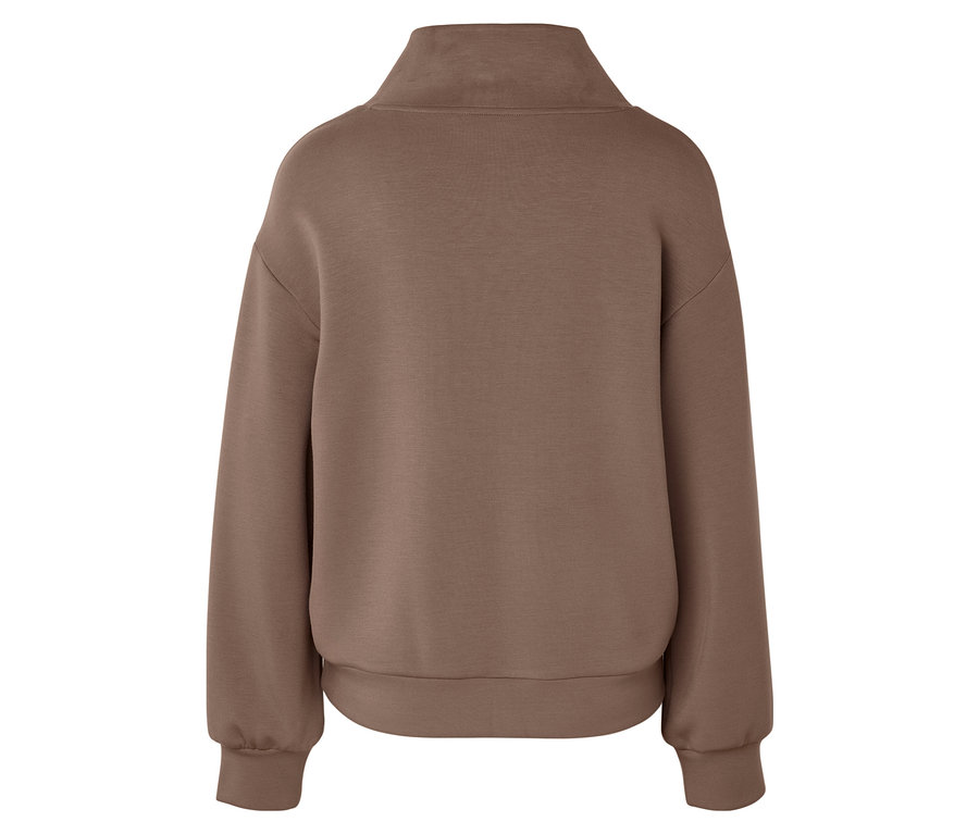 Rückansicht eines einfarbigen braunen Pullovers mit Reißverschluss am Kragen.