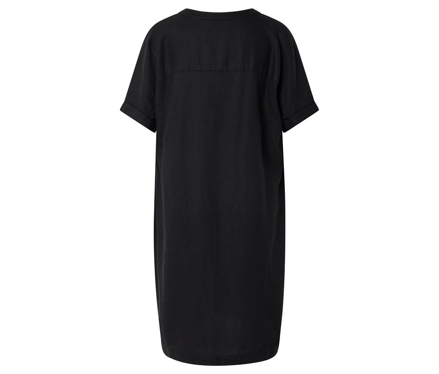 Schwarzes, knielanges T-Shirt-Kleid mit kurzen Ärmeln.