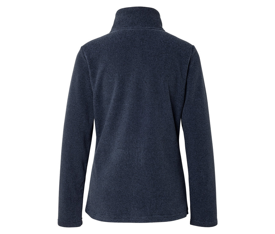 Dunkelblaue Fleecejacke von hinten gesehen, mit hohem Kragen, langen Ärmeln und dezentem Strukturmuster.