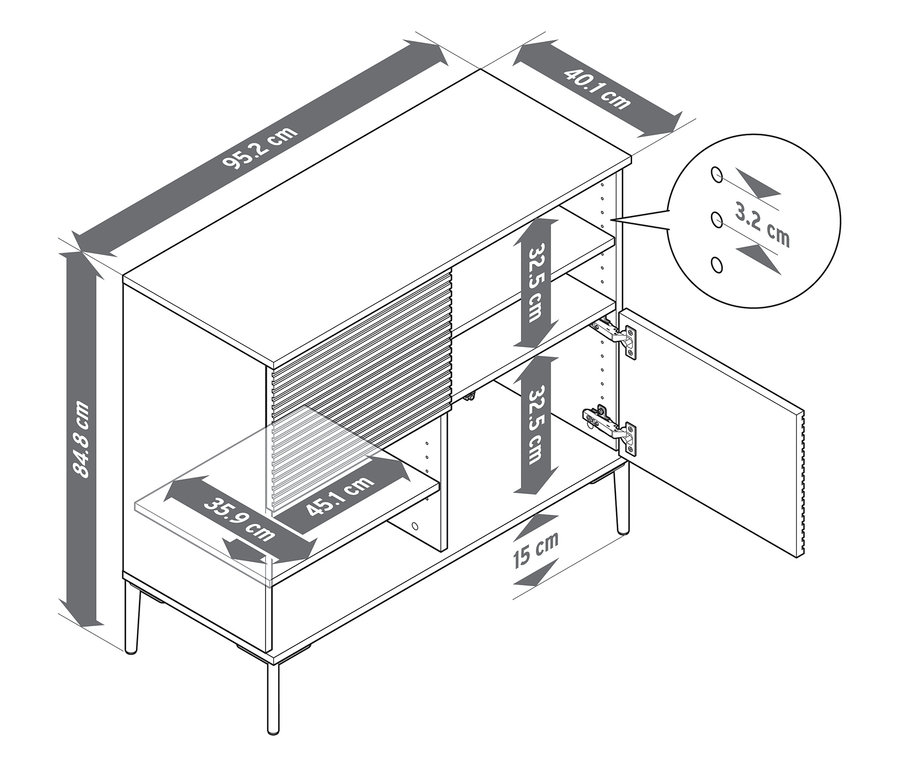 Skizze eines Sideboards »REET« mit Lamellenoptik und Maßangaben.