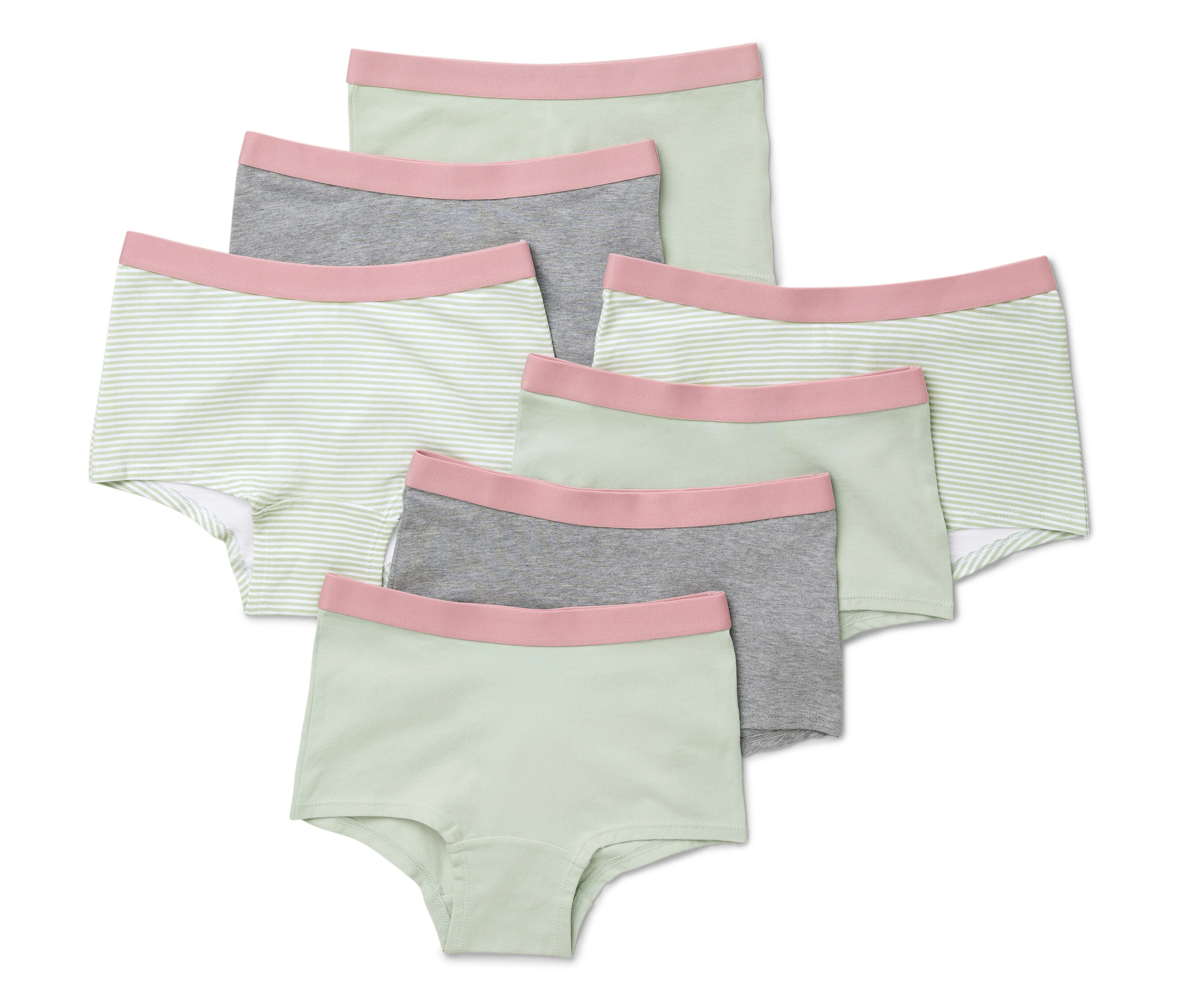 Sieben mintgrüne Mädchen-Pantys liegen übereinander.