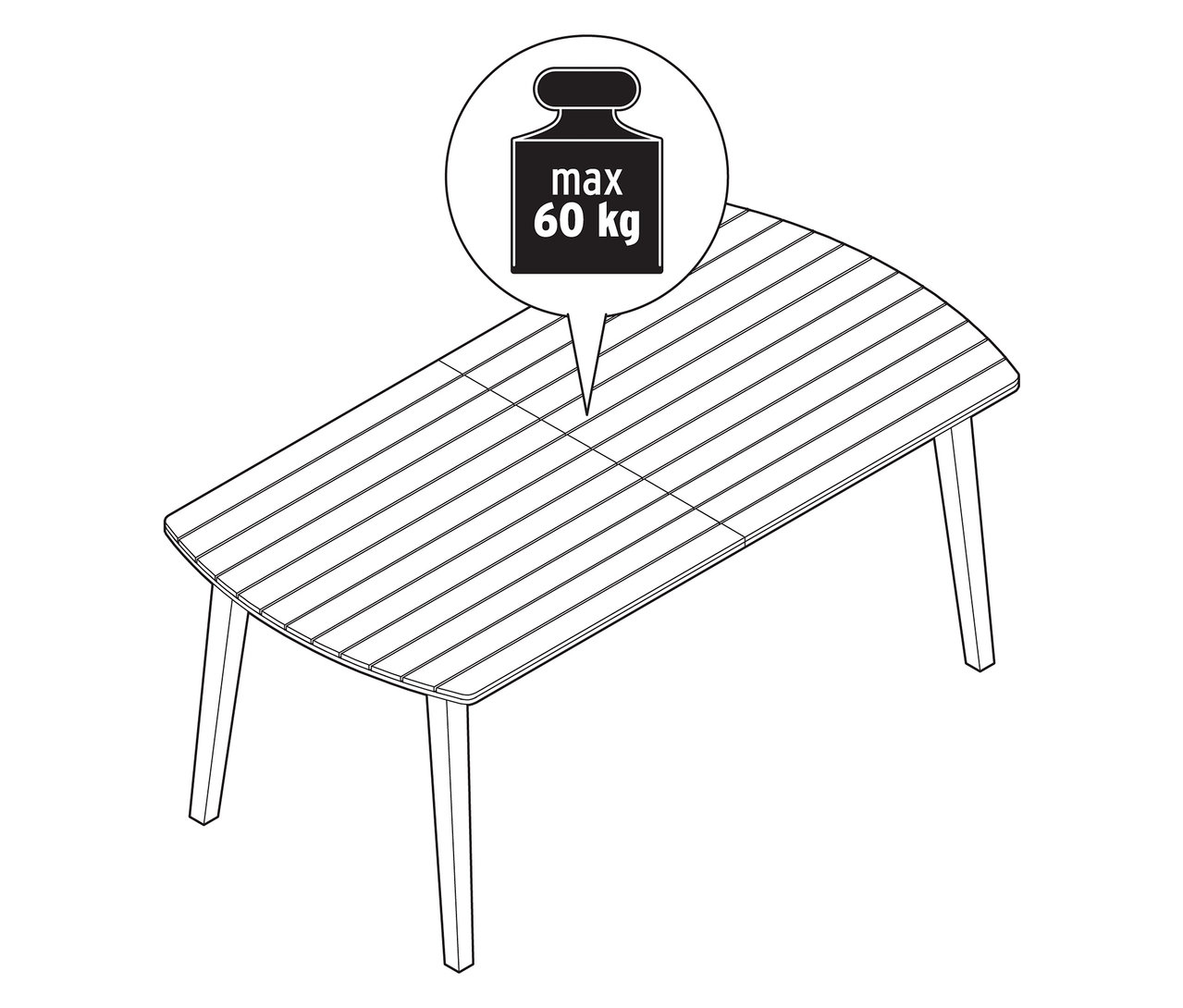 Schwarz-weiße Strichzeichnung eines ausziehbaren Gartentisches mit abgerundeten Fronten, ca. 180-240 cm, mit Gewichtsangabe.