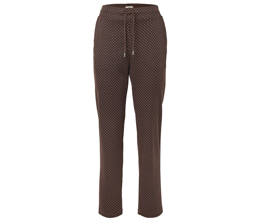 Braune Hose mit Kordelzug und weißen Punkten.