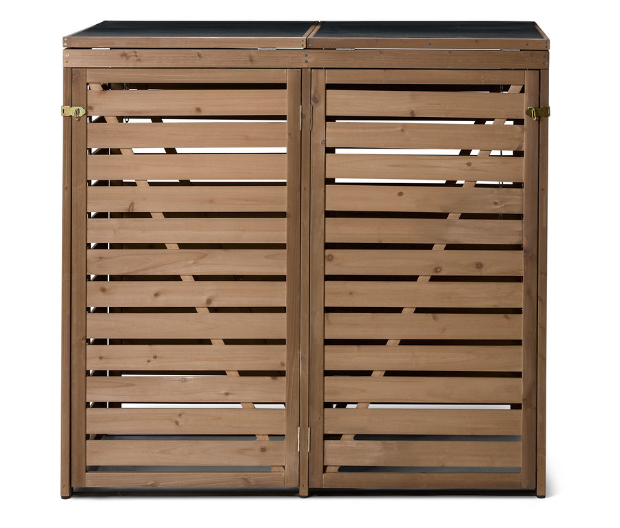 Doppelte, braune Mülltonnenbox aus Holz mit horizontalen Latten und schwarzem Deckel.