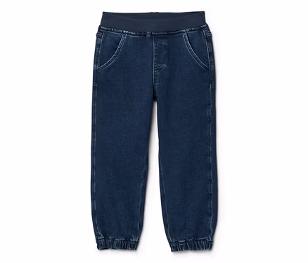 Dunkelblaue Jeans-Jogginghose mit elastischem Rippbund und elastischen Rippbündchen an den Knöcheln.