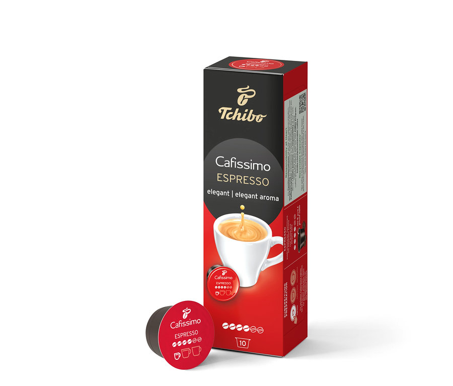 Eine Packung Cafissimo Espresso elegant - 10 Kapseln steht neben einer einzelnen Kapsel.