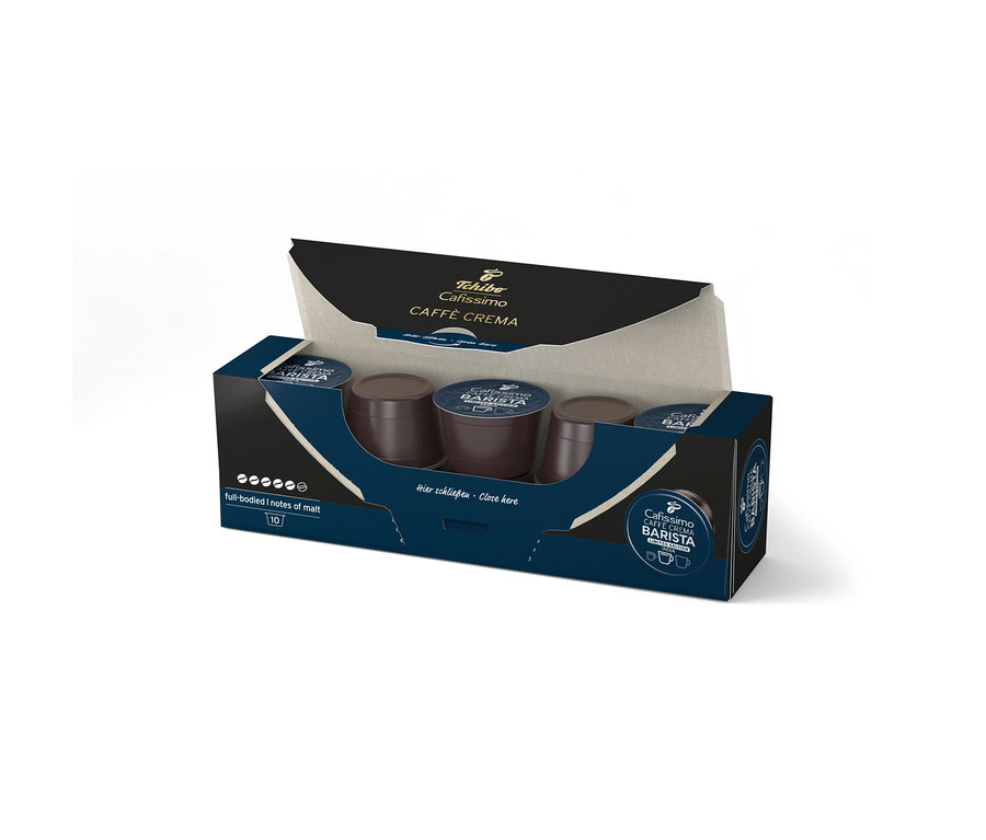 Eine offene dunkelblaue Schachtel mit 10 Cafissimo BARISTA Caffè Crema India Kaffeekapseln, die dunkelbraune Kapseln zeigt.