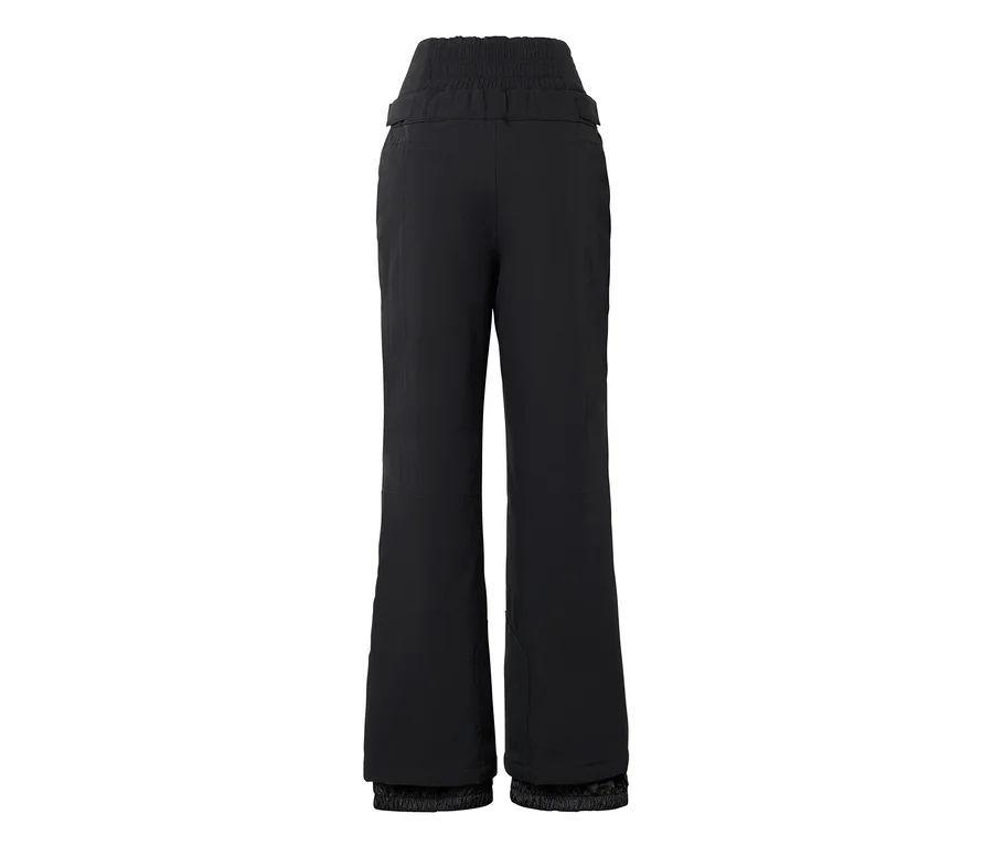 Schwarze, hochgeschnittene Skihose mit elastischem Bund und innenliegenden elastischen Bündchen an den Knöcheln, von hinten gezeigt.