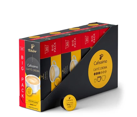 Eine Packung mit 120 Kapseln Cafissimo Caffè Crema mild in einer schwarz-rot-gelben Verpackung. Eine Kapsel liegt vor der Packung.